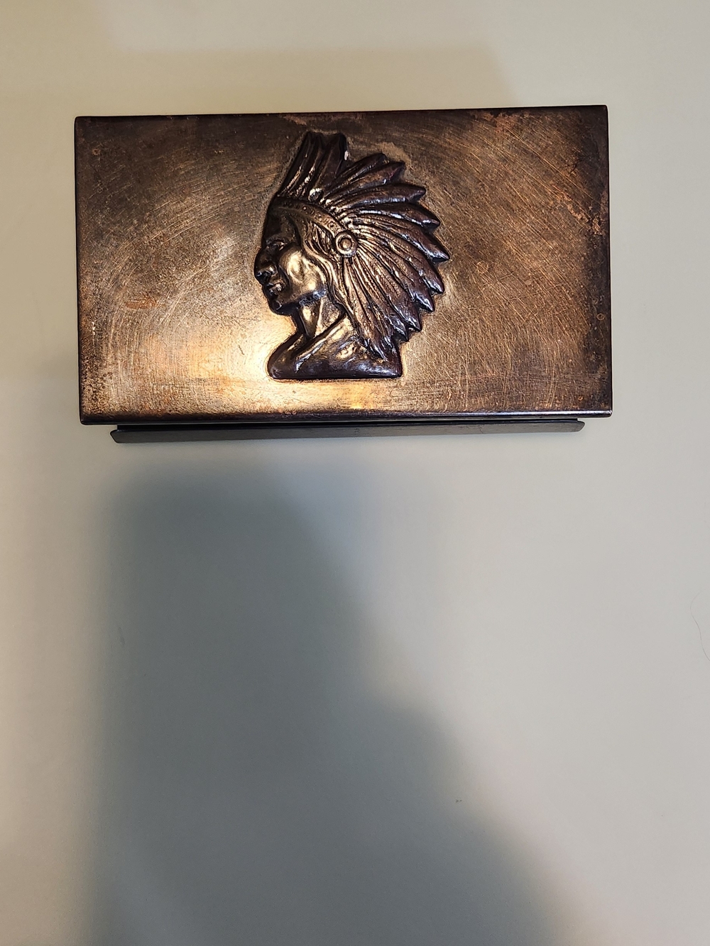 Vintage Bronze Tone Match Box with Native Headdress Motif.